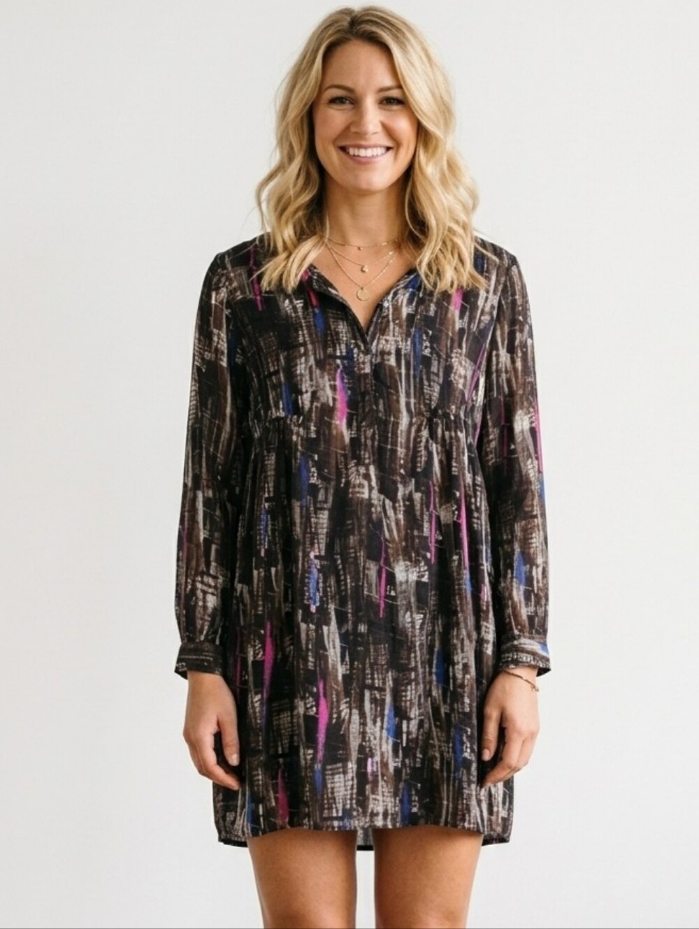 Sisley abstract print silk mini dress long sleeve Small @u